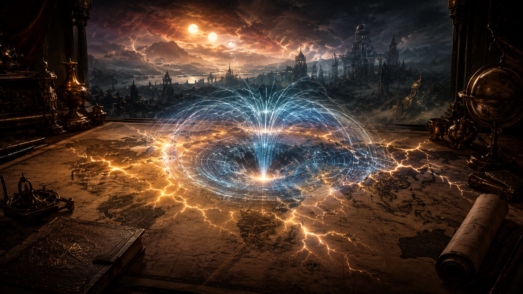 Anomalia elettromagnetica luminosa che si apre sopra una mappa del mondo di HoniriaH.