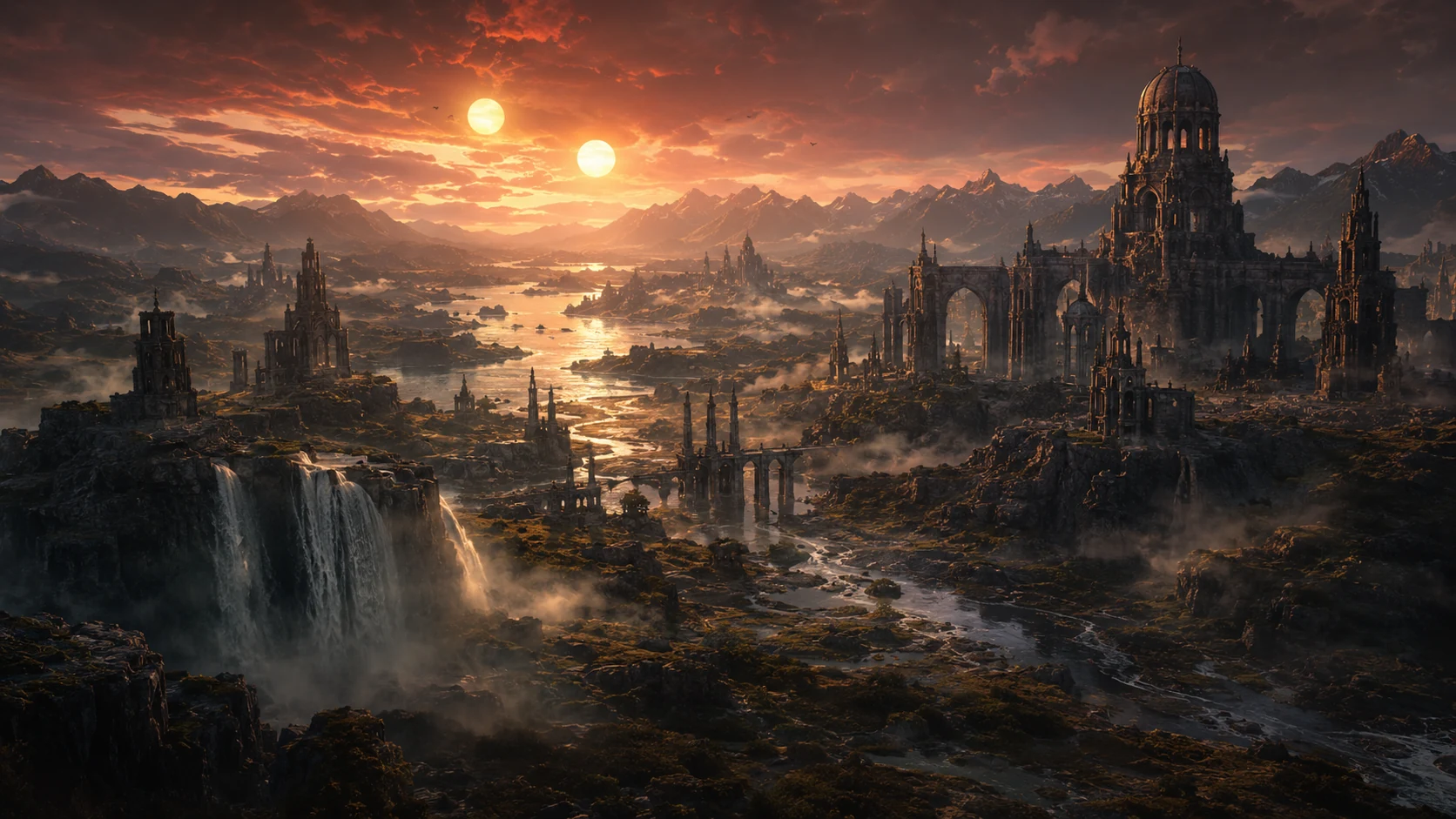 Panorama epico di HoniriaH con due soli, rovine monumentali ed acque luminose.