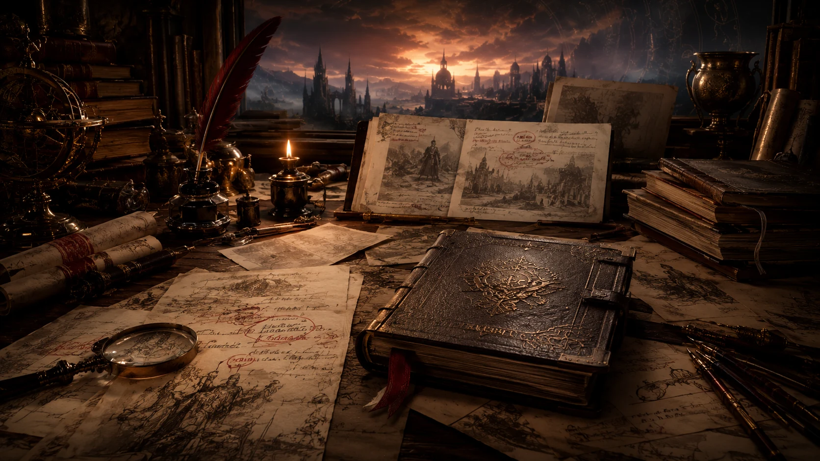 Manuale aperto, pagine annotate ed strumenti di revisione su una scrivania fantasy.
