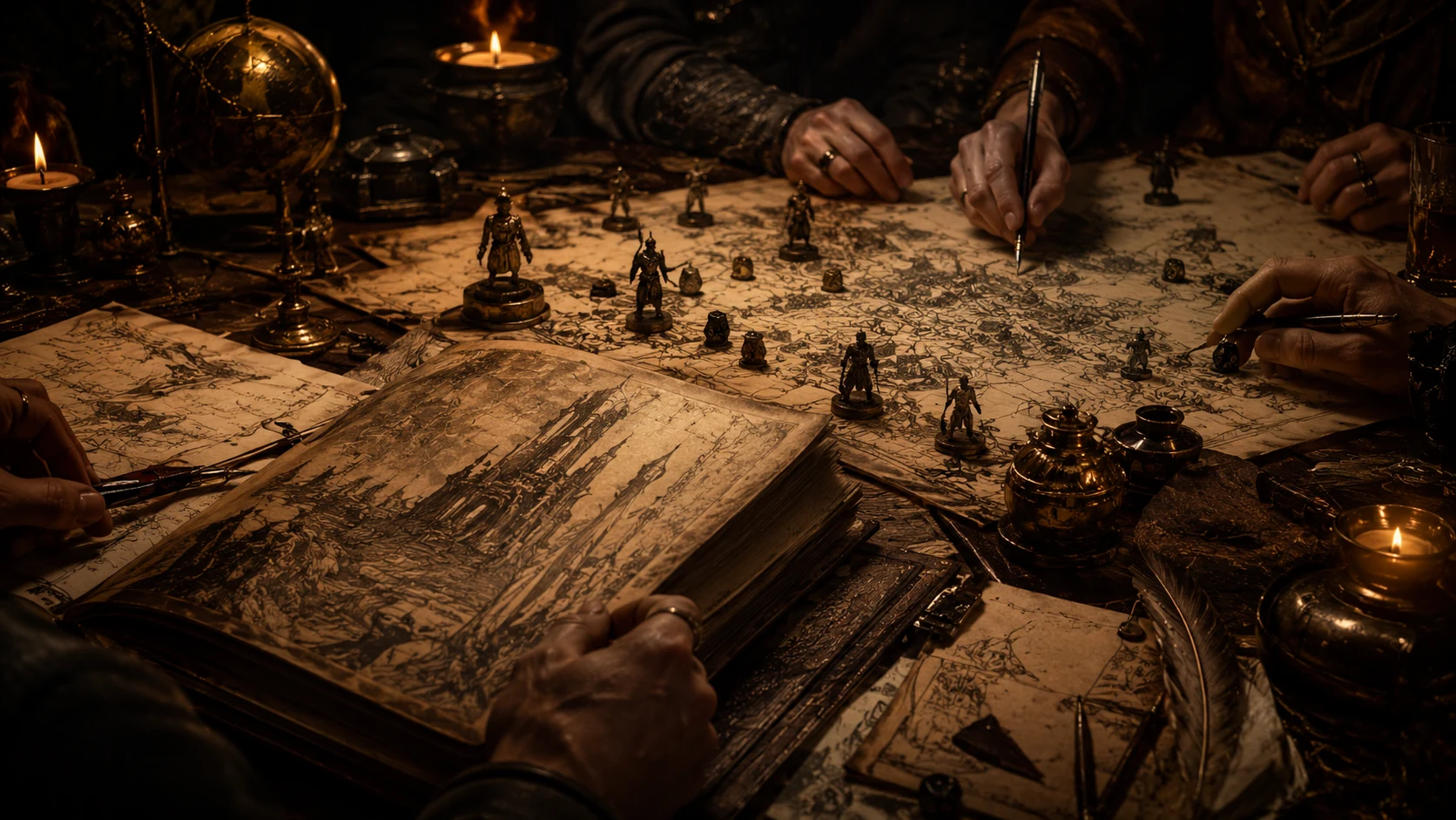 Tavolo di prova con miniature, mappe e mani dei playtester durante una sessione interna.
