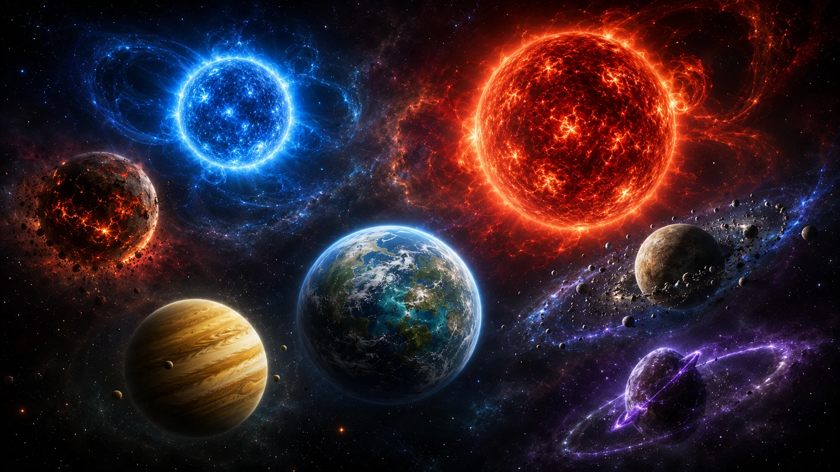 Sistema completo di HimiH con Sole Blu, Sole Rosso, Bethor, Melefis, HoniriaH, Zelida e Falde